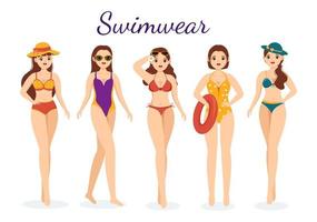 badmode met verschillend ontwerpen van bikini's en zwemkleding voor Dames Bij de zomer strand in vlak stijl tekenfilm hand- getrokken Sjablonen illustratie vector