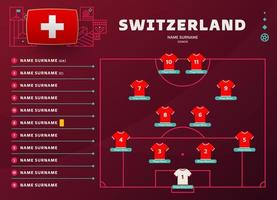 Zwitserland rij wereld Amerikaans voetbal 2022 toernooi laatste stadium vector illustratie. land team in de rij gaan staan tafel en team vorming Aan Amerikaans voetbal veld. voetbal toernooi vector land vlaggen