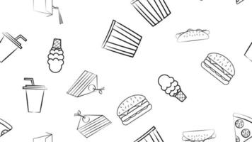 zwart en wit eindeloos naadloos patroon van voedsel en tussendoortje items pictogrammen reeks voor restaurant bar cafe hamburger, popcorn, noedels, pizza, Frisdrank, heet hond, ijs room, taart. de achtergrond vector