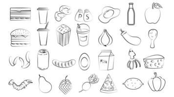 reeks van 28 pictogrammen van heerlijk voedsel en snacks items voor een cafe bar restaurant Aan een wit achtergrond broodje, kaas, limonade, popcorn, knoflook, aubergine, kip, fruit, groenten vector