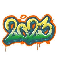 gespoten 2023 graffiti label met vol kleur overspray Aan wit. vector illustratie.