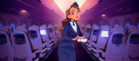 stewardess met ticket binnen vliegtuig cabine vector