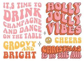 groovy hippie Kerstmis stickers. woorden, slogan, tekst over kerstmis, nieuw jaar, de kerstman, proost. vector