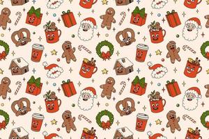 vrolijk Kerstmis en gelukkig nieuw jaar naadloos patroon. de kerstman claus, geschenken, cacao, koffie, ontbijtkoek. vector