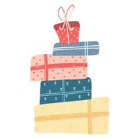 stapel van kleurrijk geschenk dozen in tekenfilm vlak stijl. hand- getrokken vector illustratie van berg geschenken, presenteert met boog