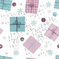 Kerstmis naadloos patroon met geschenken, Kerstmis speelgoed en confetti. vector