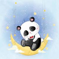 schattige kleine panda zittend op de maan vector