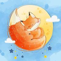 kleine vos slaapt op zijn eigen staart op de maan vector
