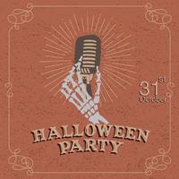 halloween-feestaffiche met skeleton hand met microfoon vector