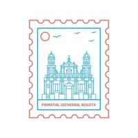 oer- kathedraal Bogota port postzegel blauw en rood lijn stijl vector illustratie