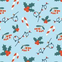 Kerstmis patroon met hulst, lolly guirlande. naadloos patroon voor de nieuw jaar. vector illustratie. vlak stijl.