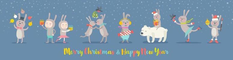 jaar van de konijn vector illustratie. reeks van schattig konijn tekenfilm karakters. nieuw jaar konijn en ontwerp elementen voor groet kaart.