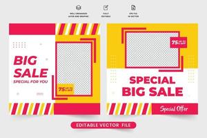 mega uitverkoop sociaal media post sjabloon met geel en rood kleuren. winkel Promotie en uitverkoop korting web banier ontwerp voor marketing. mode uitverkoop advertentie poster ontwerp met foto tijdelijke aanduidingen. vector