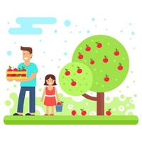 een gelukkig familie verzamelt appel gewassen. vector