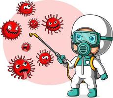 mensen in beschermend pak of kleding, verstuiven naar schoonmaak en desinfecteren corona virus vector