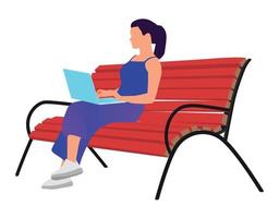 freelancer vrouw werken met laptop zittend Aan de bank in de park vlak vector illustratie