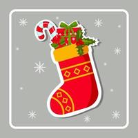 Kerstmis kaart met rood gebreid Kerstmis sok. winter sticker. cadeaus in kous. groet kaart, kader voor kerstmis, nieuw jaar. winter vakantie decoratie. feestelijk decoratie. vector illustratie