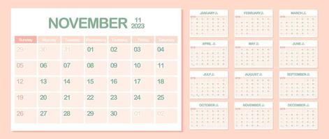 muur kalender 2023. november. week begint Aan zondag. maandelijks kalender sjabloon. ontwerp zakelijke planner. landschap oriëntatie. kantoor bedrijf planning. pastel kleur. vector illustratie