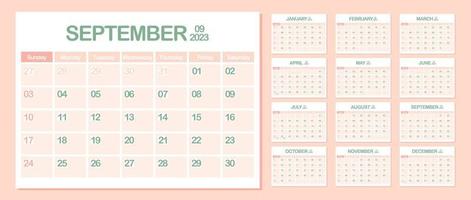 muur kalender 2023. september. week begint Aan zondag. maandelijks kalender sjabloon. ontwerp zakelijke planner. landschap oriëntatie. kantoor bedrijf planning. pastel kleur. vector illustratie