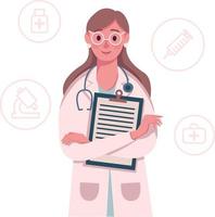 dokter met statoscope houdt poliklinisch kaart in haar handen. vector illustratie