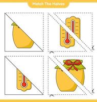 bij elkaar passen de helften. bij elkaar passen helften van thermometer en jam. leerzaam kinderen spel, afdrukbare werkblad, vector illustratie