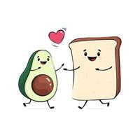 gelukkig tekenfilm avocado en een geroosterd brood rennen naar knuffel elk ander, schattig karakter tekening, liefde illustratie vector