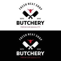 vers slager winkel logo sjabloon met mes en wijnoogst boerderij dieren. logos voor ondernemingen, restaurants, etiketten, postzegels en vers slager winkels. vector
