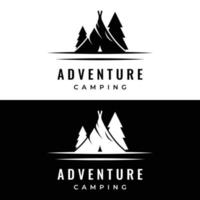 wijnoogst en retro buitenshuis camping of camping tent sjabloon logo.met tent, bomen en kampvuur teken.camping voor avonturiers, verkenners, klimmers. vector