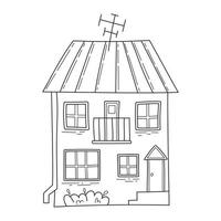 gemakkelijk huis met antenne, een struik en een balkon in schetsen tekening stijl. vector