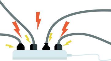 elektrisch circuit. schok, rood bliksem en geel vonken van de uitlaat. connector en plug. systeem overbelasten. de probleem met de apparaat. brand situatie met rook en veiligheid. vector