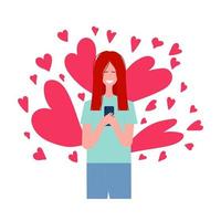 jong vrouw op zoek Bij telefoon lezing bericht. liefde harten achtergrond. gelukkig vrouw aan het kijken haar smartphone en lachend. vector nstock illustratie.