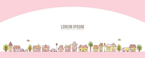 waterverf hand- getrokken huizen en bomen -roze. schattig stadsgezicht illustratie voor achtergrond vector