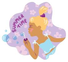 meisje slagen zeep bubbels. zomer humeur thema. hand- getrokken vector illustratie. geschikt voor website, ansichtkaarten, stickers.