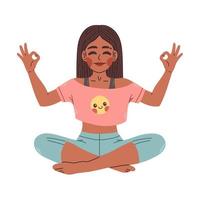 jong zwart vrouw zittend in yoga lotus houding. mediteren meisje illustratie. yoga vrouw, meditatie, anti stress vector