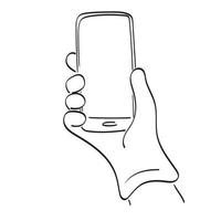 lijn kunst hand- in handschoen Holding touch screen smartphone met blanco ruimte illustratie vector hand- getrokken geïsoleerd Aan wit achtergrond