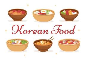 Koreaans voedsel reeks menu van divers traditioneel of nationaal heerlijk keuken schotel in vlak tekenfilm hand- getrokken Sjablonen illustratie vector