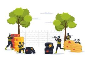 mensen spelen paintball van vechter speler het schieten met geweer schieten, doel, aanval in veld- tafereel in vlak tekenfilm hand- getrokken sjabloon illustratie vector