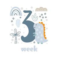 3 drie week baby jongen verjaardag kaart pasgeboren statistieken. baby douche afdrukken met schattig dier dino, bloemen en palm vastleggen allemaal speciaal momenten. baby mijlpaal kaart voor pasgeboren vector