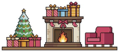 pixel kunst haard, Kerstmis boom, cadeaus en fauteuil achtergrond vector voor 8 beetje spel