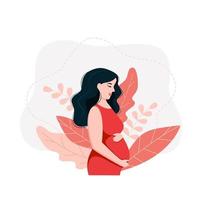 zwanger vrouw met natuur en bladeren achtergrond. concept vector illustratie in tekenfilm stijl.
