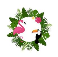 zomer ansichtkaart achtergrond met tropisch planten en bloemen, flamingo's. voor typografisch, banier, poster, partij uitnodiging. vector illustratie
