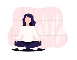 vector illustratie concept bedrijf vrouw beoefenen yoga en meditatie in kantoor. de meisje zit in de lotus positie, de gedachte werkwijze, de aanvang en de zoeken voor ideeën. tijd beheer