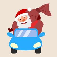 een vol de kerstman claus met uitgestrekt armen ritten in een auto met een zak van geschenken. vector