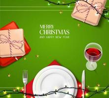 vector realistisch Kerstmis en nieuw jaar achtergrond, banier, folder, groet kaart, ansichtkaart. horizontaal oriëntatie. viering tafel met borden en wijn met cadeaus Aan top visie.