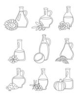 vector reeks van zaad oliën geïsoleerd Aan wit. illustratie in tekening stijl. zonnebloem, olijven, druiven, kokosnoot, pompoen, vlas, amandel olie in glas kan. bloemen en zaden