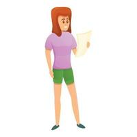 leerling meisje lezing papieren icoon, tekenfilm stijl vector