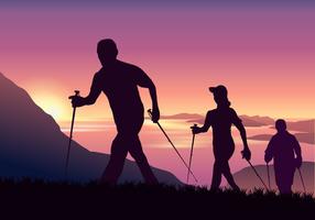 Avontuurlijk Mensen Nordic Walking in Mountain Vector