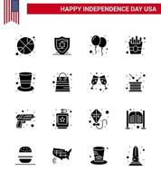 gelukkig onafhankelijkheid dag 4e juli reeks van 16 solide glyphs Amerikaans pictogram van magie hoed pet vieren Amerikaans voedsel bewerkbare Verenigde Staten van Amerika dag vector ontwerp elementen