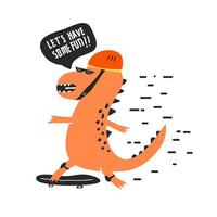 schattig dinosaurus spelen skateboard in kinderachtig stijl. vector illustratie. kan worden gebruikt voor kleding stof en textiel, achtergronden, achtergronden, huis decor, affiches, kaarten.