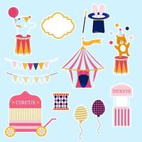 verzameling van stickers roze circus. tent, haas in een hoed, vacht zegel, guirlande, bal, beer, ticket kantoor vector